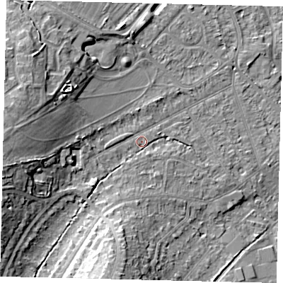 Shaded relief map of the ground around KT198SY, computed from Environment Agency LiDAR. The ground here sits at about 44 m above sea level and falls 17 m across the surrounding 800 m. Surface water reaching this point runs off ground lying to the west, 12.3 m higher.