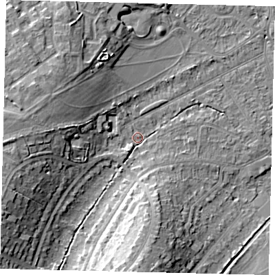 Shaded relief map of the ground around KT198TA, computed from Environment Agency LiDAR. The ground here sits at about 46 m above sea level and falls 19 m across the surrounding 800 m. Surface water reaching this point runs off ground lying to the west-south-west, 13.9 m higher.