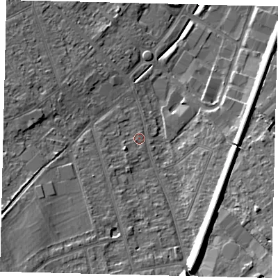 Shaded relief map of the ground around KT198TU, computed from Environment Agency LiDAR. The ground here sits at about 40 m above sea level and falls 14 m across the surrounding 800 m. Surface water reaching this point runs off ground lying to the south-south-east, 9.6 m higher.