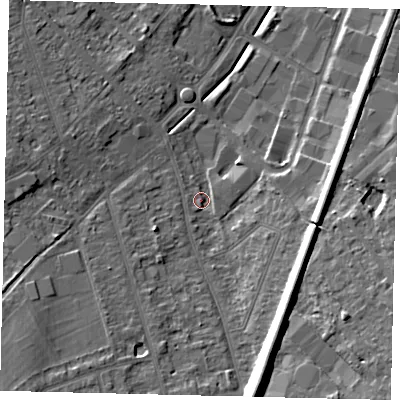 Shaded relief map of the ground around KT198TX, computed from Environment Agency LiDAR. The ground here sits at about 39 m above sea level and falls 14 m across the surrounding 800 m. Surface water reaching this point runs off ground lying to the south-east, 8.3 m higher.