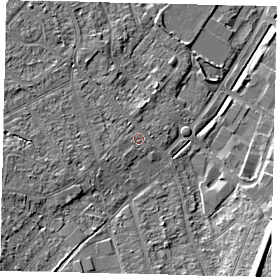 Shaded relief map of the ground around KT198TZ, computed from Environment Agency LiDAR. The ground here sits at about 40 m above sea level and falls 16 m across the surrounding 800 m. Surface water reaching this point runs off ground lying to the west, 4.9 m higher.