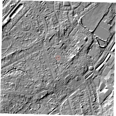 Shaded relief map of the ground around KT198UA, computed from Environment Agency LiDAR. The ground here sits at about 41 m above sea level and falls 17 m across the surrounding 800 m. Surface water reaching this point runs off ground lying to the west, 5.2 m higher.