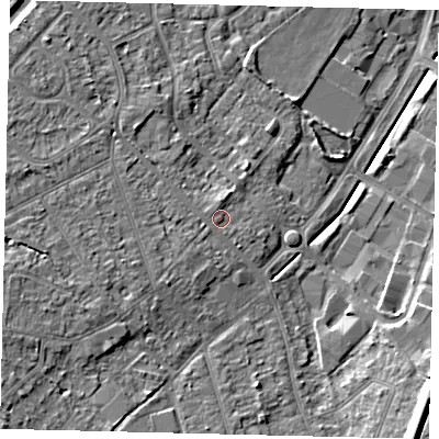 Shaded relief map of the ground around KT198UB, computed from Environment Agency LiDAR. The ground here sits at about 40 m above sea level and falls 15 m across the surrounding 800 m. Surface water reaching this point runs off ground lying to the west-south-west, 4.5 m higher.