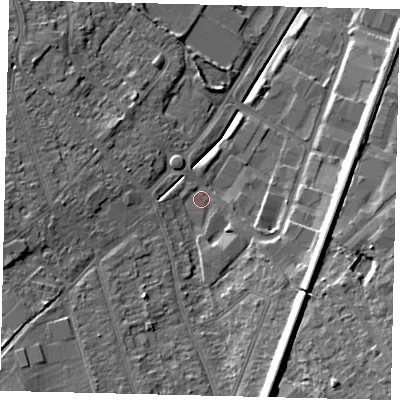 Shaded relief map of the ground around KT199AP, computed from Environment Agency LiDAR. The ground here sits at about 38 m above sea level and falls 14 m across the surrounding 800 m. Surface water reaching this point runs off ground lying to the south-south-east, 8.7 m higher.