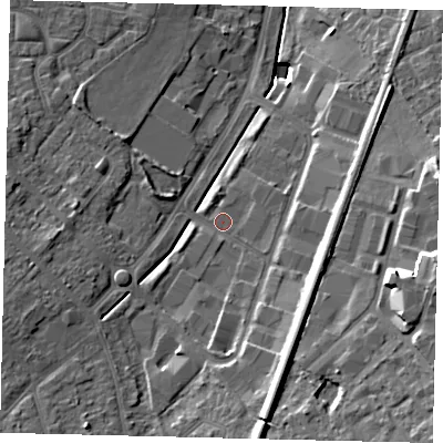 Shaded relief map of the ground around KT199AS, computed from Environment Agency LiDAR. The ground here sits at about 36 m above sea level and falls 18 m across the surrounding 800 m. Surface water reaching this point runs off ground lying to the south, 9.2 m higher.