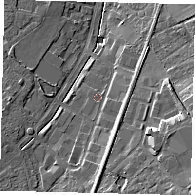 Shaded relief map of the ground around KT199AU, computed from Environment Agency LiDAR. The ground here sits at about 36 m above sea level and falls 19 m across the surrounding 800 m. Surface water reaching this point runs off ground lying to the south-south-east, 6.7 m higher.