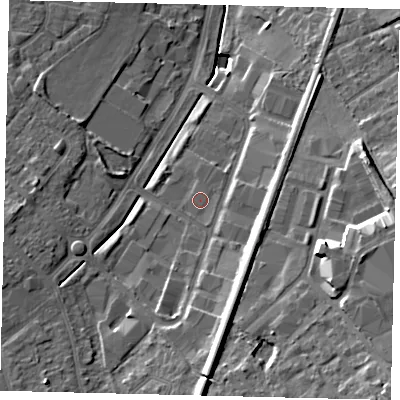 Shaded relief map of the ground around KT199AX, computed from Environment Agency LiDAR. The ground here sits at about 36 m above sea level and falls 19 m across the surrounding 800 m. Surface water reaching this point runs off ground lying to the south-south-east, 0.9 m higher.