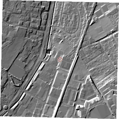 Shaded relief map of the ground around KT199BA, computed from Environment Agency LiDAR. The ground here sits at about 35 m above sea level and falls 22 m across the surrounding 800 m. Surface water reaching this point runs off ground lying to the east-south-east, 4.6 m higher.