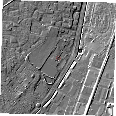 Shaded relief map of the ground around KT199BD, computed from Environment Agency LiDAR. The ground here sits at about 35 m above sea level and falls 17 m across the surrounding 800 m. Surface water reaching this point runs off ground lying to the west-south-west, 2.8 m higher.