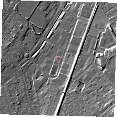 Shaded relief map of the ground around KT199BE, computed from Environment Agency LiDAR. The ground here sits at about 37 m above sea level and falls 20 m across the surrounding 800 m. Surface water reaching this point runs off ground lying to the south-south-west, 2.2 m higher.
