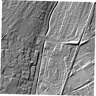 Shaded relief map of the ground around KT199BF, computed from Environment Agency LiDAR. The ground here sits at about 32 m above sea level and falls 16 m across the surrounding 800 m. Surface water reaching this point runs off ground lying to the east-south-east, 3.5 m higher.