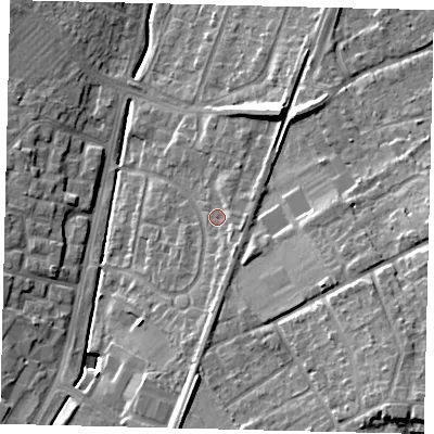Shaded relief map of the ground around KT199BS, computed from Environment Agency LiDAR. The ground here sits at about 34 m above sea level and falls 19 m across the surrounding 800 m. Surface water reaching this point runs off ground lying to the south-south-east, 2.9 m higher.