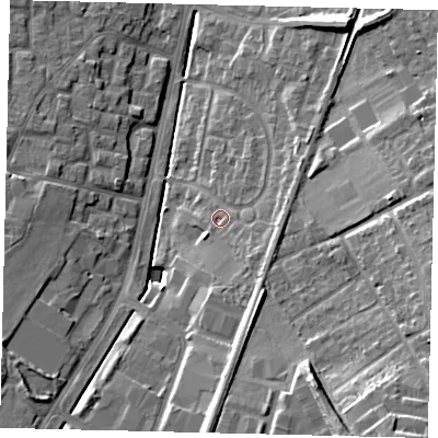 Shaded relief map of the ground around KT199BU, computed from Environment Agency LiDAR. The ground here sits at about 34 m above sea level and falls 19 m across the surrounding 800 m. Surface water reaching this point runs off ground lying to the south-east, 2.7 m higher.