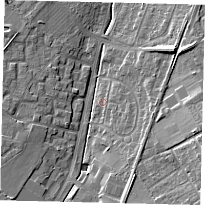 Shaded relief map of the ground around KT199BX, computed from Environment Agency LiDAR. The ground here sits at about 32 m above sea level and falls 15 m across the surrounding 800 m. Surface water reaching this point runs off ground lying to the east-south-east, 2.0 m higher.