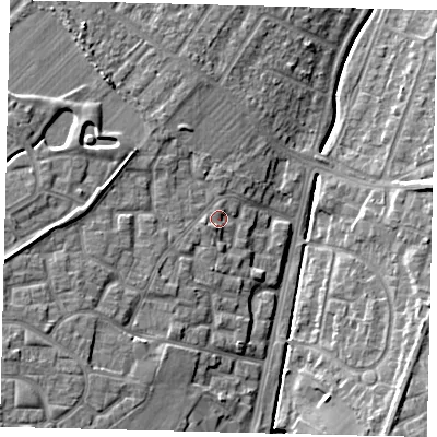 Shaded relief map of the ground around KT199BZ, computed from Environment Agency LiDAR. The ground here sits at about 34 m above sea level and falls 13 m across the surrounding 800 m. Surface water reaching this point runs off ground lying to the south-south-west, 2.2 m higher.