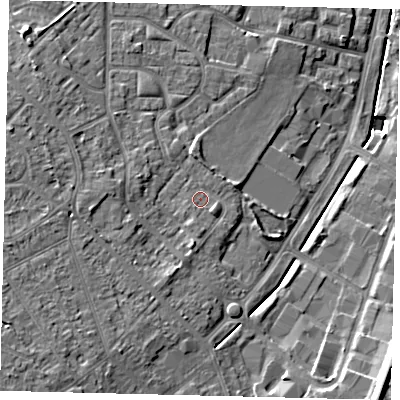 Shaded relief map of the ground around KT199DA, computed from Environment Agency LiDAR. The ground here sits at about 39 m above sea level and falls 15 m across the surrounding 800 m. Surface water reaching this point runs off ground lying to the south-east, 1.5 m higher.
