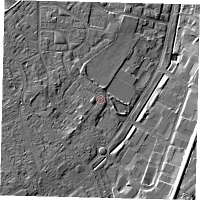 Shaded relief map of the ground around KT199DB, computed from Environment Agency LiDAR. The ground here sits at about 39 m above sea level and falls 15 m across the surrounding 800 m. Surface water reaching this point runs off ground lying to the west, 3.7 m higher.