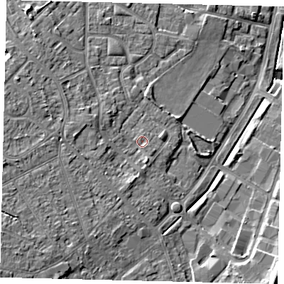 Shaded relief map of the ground around KT199DD, computed from Environment Agency LiDAR. The ground here sits at about 39 m above sea level and falls 16 m across the surrounding 800 m. Surface water reaching this point runs off ground lying to the west, 3.2 m higher.