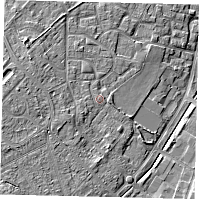 Shaded relief map of the ground around KT199DE, computed from Environment Agency LiDAR. The ground here sits at about 39 m above sea level and falls 13 m across the surrounding 800 m. Surface water reaching this point runs off ground lying to the east-south-east, 1.4 m higher.