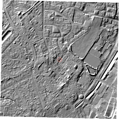 Shaded relief map of the ground around KT199DJ, computed from Environment Agency LiDAR. The ground here sits at about 39 m above sea level and falls 13 m across the surrounding 800 m. Surface water reaching this point runs off ground lying to the west-south-west, 2.5 m higher.