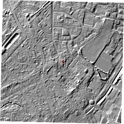 Shaded relief map of the ground around KT199DP, computed from Environment Agency LiDAR. The ground here sits at about 40 m above sea level and falls 12 m across the surrounding 800 m. The ground contributing surface water to this point lies to the south.