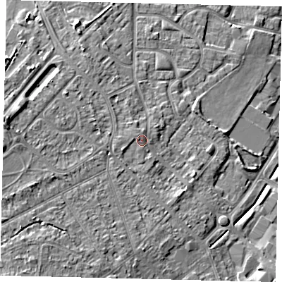 Shaded relief map of the ground around KT199DR, computed from Environment Agency LiDAR. The ground here sits at about 41 m above sea level and falls 12 m across the surrounding 800 m. Surface water reaching this point runs off ground lying to the west, 0.7 m higher.
