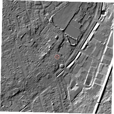 Shaded relief map of the ground around KT199DS, computed from Environment Agency LiDAR. The ground here sits at about 39 m above sea level and falls 17 m across the surrounding 800 m. Surface water reaching this point runs off ground lying to the west, 2.3 m higher.