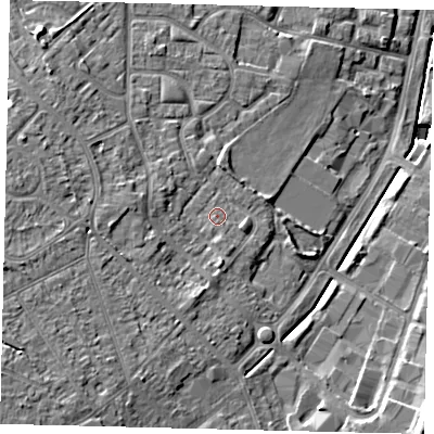 Shaded relief map of the ground around KT199DT, computed from Environment Agency LiDAR. The ground here sits at about 39 m above sea level and falls 16 m across the surrounding 800 m. Surface water reaching this point runs off ground lying to the east-south-east, 0.9 m higher.