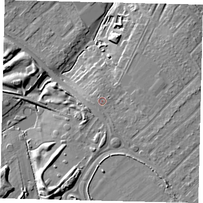 Shaded relief map of the ground around KT199EG, computed from Environment Agency LiDAR. The ground here sits at about 32 m above sea level and falls 17 m across the surrounding 800 m. Surface water reaching this point runs off ground lying to the south-south-east, 1.3 m higher.