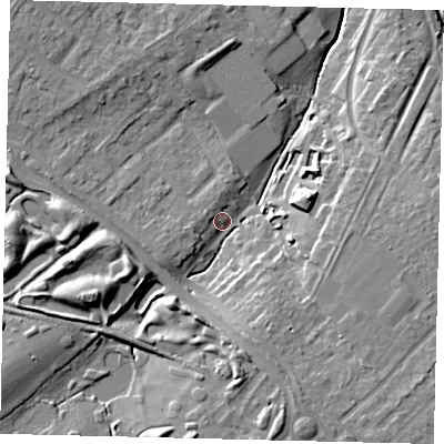 Shaded relief map of the ground around KT199EQ, computed from Environment Agency LiDAR. The ground here sits at about 27 m above sea level and falls 16 m across the surrounding 800 m. Surface water reaching this point runs off ground lying to the west-south-west, 10.3 m higher.