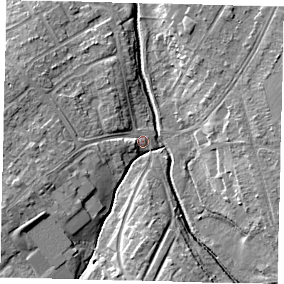 Shaded relief map of the ground around KT199FF, computed from Environment Agency LiDAR. The ground here sits at about 22 m above sea level and falls 11 m across the surrounding 800 m. Surface water reaching this point runs off ground lying to the west-south-west, 7.6 m higher.