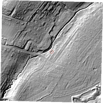 Shaded relief map of the ground around KT199FH, computed from Environment Agency LiDAR. The ground here sits at about 27 m above sea level and falls 29 m across the surrounding 800 m. Surface water reaching this point runs off ground lying to the west-north-west, 14.5 m higher.