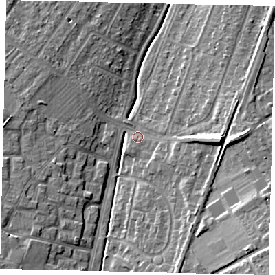 Shaded relief map of the ground around KT199GG, computed from Environment Agency LiDAR. The ground here sits at about 32 m above sea level and falls 17 m across the surrounding 800 m. Surface water reaching this point runs off ground lying to the east, 8.6 m higher.