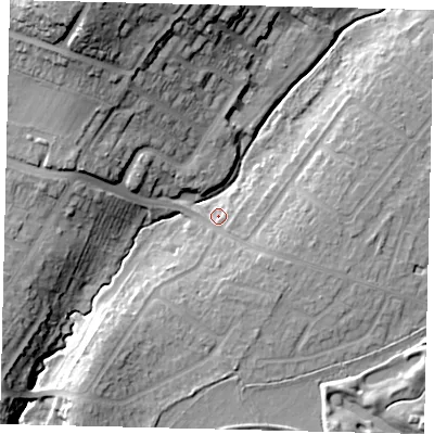Shaded relief map of the ground around KT199HJ, computed from Environment Agency LiDAR. The ground here sits at about 28 m above sea level and falls 29 m across the surrounding 800 m. Surface water reaching this point runs off ground lying to the south-west, 8.6 m higher.