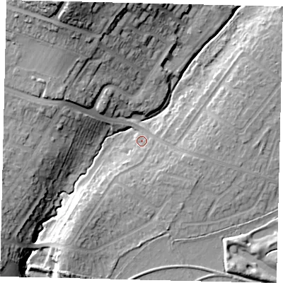 Shaded relief map of the ground around KT199HN, computed from Environment Agency LiDAR. The ground here sits at about 28 m above sea level and falls 28 m across the surrounding 800 m. Surface water reaching this point runs off ground lying to the south-west, 9.3 m higher.