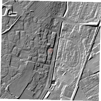 Shaded relief map of the ground around KT199JP, computed from Environment Agency LiDAR. The ground here sits at about 32 m above sea level and falls 12 m across the surrounding 800 m. Surface water reaching this point runs off ground lying to the south-west, 11.1 m higher.
