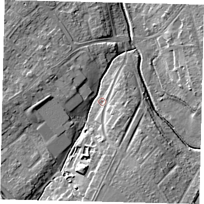 Shaded relief map of the ground around KT199LN, computed from Environment Agency LiDAR. The ground here sits at about 24 m above sea level and falls 14 m across the surrounding 800 m. Surface water reaching this point runs off ground lying to the south, 6.6 m higher.