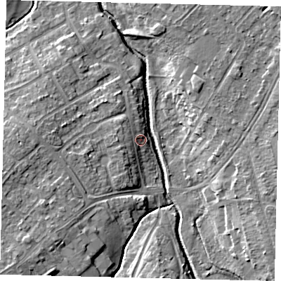 Shaded relief map of the ground around KT199NZ, computed from Environment Agency LiDAR. The ground here sits at about 24 m above sea level and falls 11 m across the surrounding 800 m. Surface water reaching this point runs off ground lying to the west, 2.7 m higher.