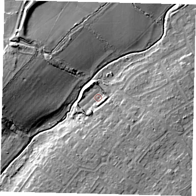 Shaded relief map of the ground around KT199PL, computed from Environment Agency LiDAR. The ground here sits at about 24 m above sea level and falls 20 m across the surrounding 800 m. Surface water reaching this point runs off ground lying to the south, 4.9 m higher.
