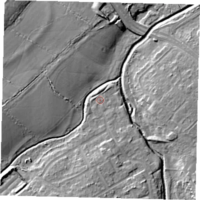 Shaded relief map of the ground around KT199PT, computed from Environment Agency LiDAR. The ground here sits at about 22 m above sea level and falls 13 m across the surrounding 800 m. Surface water reaching this point runs off ground lying to the south, 4.7 m higher.