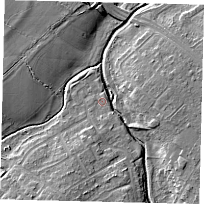 Shaded relief map of the ground around KT199PU, computed from Environment Agency LiDAR. The ground here sits at about 22 m above sea level and falls 11 m across the surrounding 800 m. Surface water reaching this point runs off ground lying to the south, 2.3 m higher.