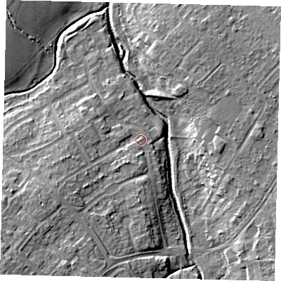 Shaded relief map of the ground around KT199PZ, computed from Environment Agency LiDAR. The ground here sits at about 24 m above sea level and falls 12 m across the surrounding 800 m. Surface water reaching this point runs off ground lying to the west-south-west, 5.1 m higher.