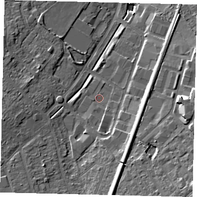 Shaded relief map of the ground around KT199QG, computed from Environment Agency LiDAR. The ground here sits at about 37 m above sea level and falls 18 m across the surrounding 800 m. Surface water reaching this point runs off ground lying to the south, 9.1 m higher.