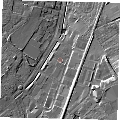 Shaded relief map of the ground around KT199QN, computed from Environment Agency LiDAR. The ground here sits at about 35 m above sea level and falls 19 m across the surrounding 800 m. Surface water reaching this point runs off ground lying to the south-south-east, 1.0 m higher.