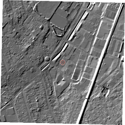 Shaded relief map of the ground around KT199QQ, computed from Environment Agency LiDAR. The ground here sits at about 37 m above sea level and falls 18 m across the surrounding 800 m. Surface water reaching this point runs off ground lying to the south-south-east, 9.2 m higher.
