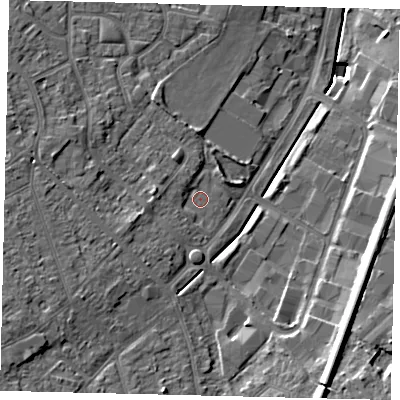 Shaded relief map of the ground around KT199RX, computed from Environment Agency LiDAR. The ground here sits at about 38 m above sea level and falls 16 m across the surrounding 800 m. Surface water reaching this point runs off ground lying to the west-south-west, 3.0 m higher.