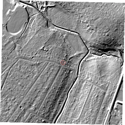 Shaded relief map of the ground around KT199SZ, computed from Environment Agency LiDAR. The ground here sits at about 29 m above sea level and falls 15 m across the surrounding 800 m. Surface water reaching this point runs off ground lying to the south-west, 5.5 m higher.