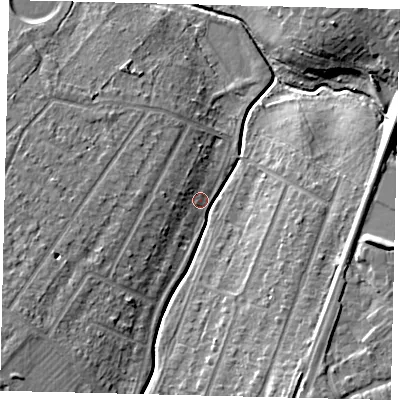 Shaded relief map of the ground around KT199TN, computed from Environment Agency LiDAR. The ground here sits at about 28 m above sea level and falls 12 m across the surrounding 800 m. Surface water reaching this point runs off ground lying to the south-west, 7.7 m higher.