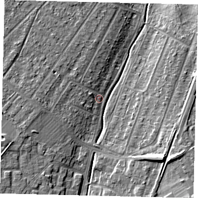 Shaded relief map of the ground around KT199TW, computed from Environment Agency LiDAR. The ground here sits at about 30 m above sea level and falls 15 m across the surrounding 800 m. Surface water reaching this point runs off ground lying to the west-south-west, 4.6 m higher.