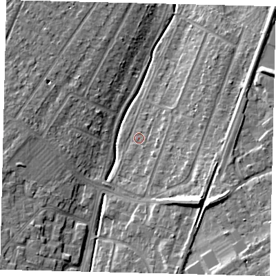 Shaded relief map of the ground around KT199UJ, computed from Environment Agency LiDAR. The ground here sits at about 30 m above sea level and falls 15 m across the surrounding 800 m. Surface water reaching this point runs off ground lying to the south-south-east, 2.4 m higher.